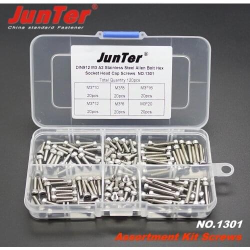 High-quality 120pcs M3*6/8/10/12/16/20mm A2 Stainless Steel DIN912 Allen Bolts Hex Socket Head Cap Screws Assortment Kit NO.1301