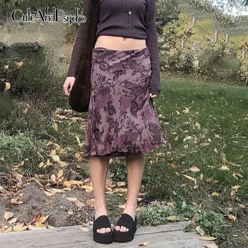 Retro Y2K Grunge Floral Midi Skirts Harajuku Aesthetic 90s Cute Brown Skirt Chic Vintage Fashion Straight Outfits Cuteandpscho