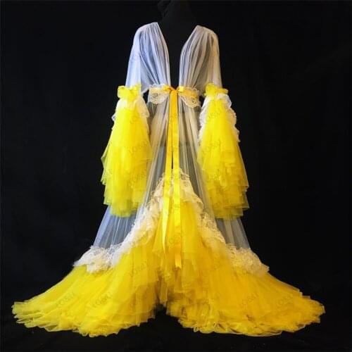 Yellow Long See Thru Tulle Pregnant Woman Dresses Full Sleeves A-line Women Dresses To Photoshoot Long Robe