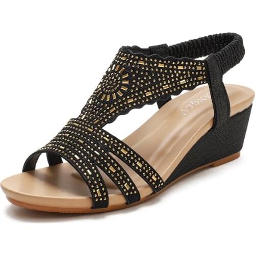 Women PU Leather Wedge Sandals Casual Rhinestones Design Women Sandals Summer Best Street Look Female Square Head Open Toe Shoes