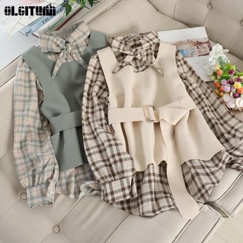 Women Suit 2020 Hong Kong Retro Checked Single-breasted Loose Bottoming Shirt and Straps Woolen Vest Suit for Female