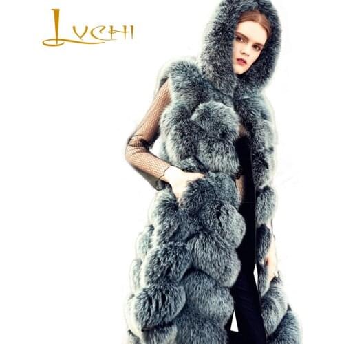 LVCHI 2019 Genuine Leather Winter Natural Fox Fur Coat Draped Sleeveless With Fur Hood Fox Coat Womens Medium Fox Vest Coats