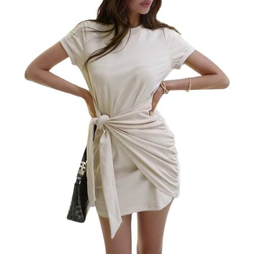 Women’s Casual Short Sleeve Dress Fashion Solid Color Round Neck Bandage Skinny Short Dress