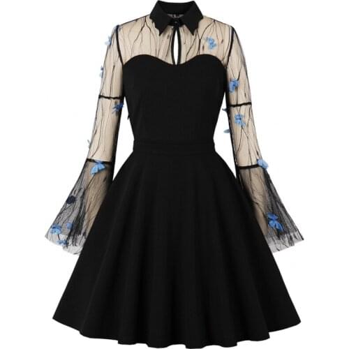 Women Vintage Gothic Cape Black Halloween Dress 2021 Autumn Mesh Long Sleeves Peter Pan Collar Elegant Retro Goth Party Dresses