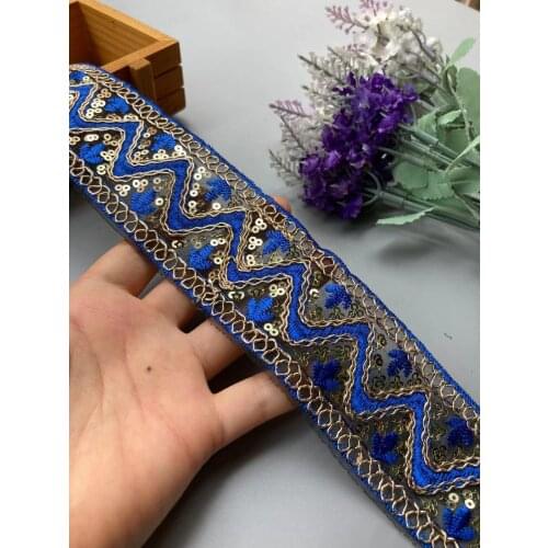 1 Yard Blue Sequins Embroideried Lace Trims Ribbon Ethnic Webbing Tapes for Clothes Bag Shoes Decor DIY Sewing Accessories