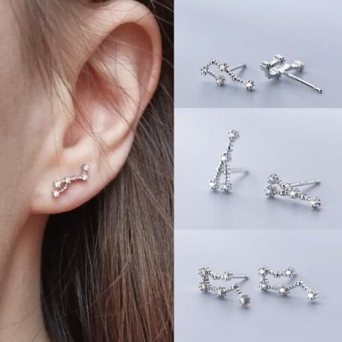100% 925 Solid Real Sterling Silver Jewelry 12 Constellation Stud Earrings Birthday Gift For Women Girls Zodiac Earrings