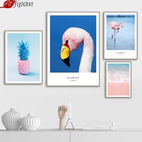 Atfipan Unframed Flamingo Pineapple Canvas Painting Nordic Animals Cartoon Posters And Prints Wall Art For Living Room Decor