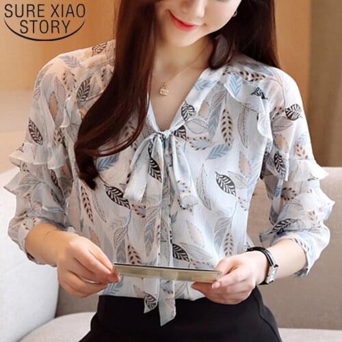 Blusas Mujer De Moda 2020 Summer Short Sleeve Chiffon Blouse Women Casual Loose V Neck Slim Shirts Women Bow Ladies Tops 8979 50