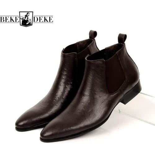 Brand Fashion Mens Ankle Boots Genuine Leather Comfortable Brown Black Pointed Toe Wedding Men Dress Shoes Chelsea Boots 37-44