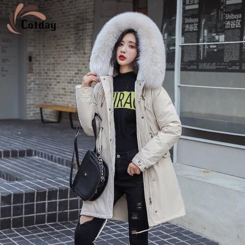 Cotday Cotton Long White With Hooded Fur Wide-waisted Pocket Velvet Thicken 2020 New Casual Winter Warm Women Parka Outwear Coat