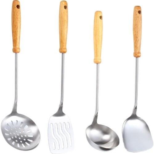 Wooden Handle Wok Spatula Stainless Steel Spatula Cooking Utensils Set Spoon Long Handle Large Turner Fried Steak Shovel