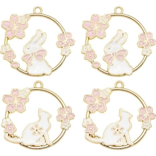 Julie Wang 4PCS Enamel Rabbit Cat Charms Zinc Alloy Round Cherry Blossoms Circl Pendant Bracelet Jewelry Making Accessory