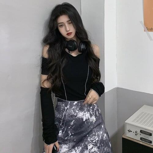 Retro Cotton 2021New Design Hot Girl Sexy Slim Off-the-shoulder Top Short Navel Stitching Long-sleeved T-shirt Womens Ins Trend