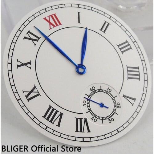 Classic BLIGER 38.9MM White Sterile Dial Roman Numerals Blue Stainless Steel Watch Hands Fit for ETA 6498 Hand-Winding Movement