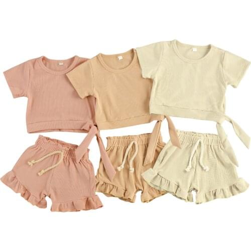 2021 Baby Summer Clothing Newborn Baby Girls Ribbed Knitted Outfit Set Short Sleeve Lace-up Tops+Shorts Set Kids Girls 2pcs