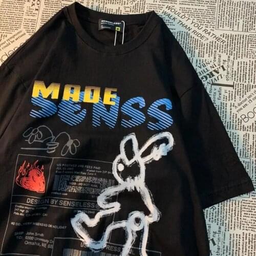 Summer Cute School Short-sleeved White Korean Harajuku Male Cartoon Cute Rabbit New Black Loose Students Lovely T-shirt