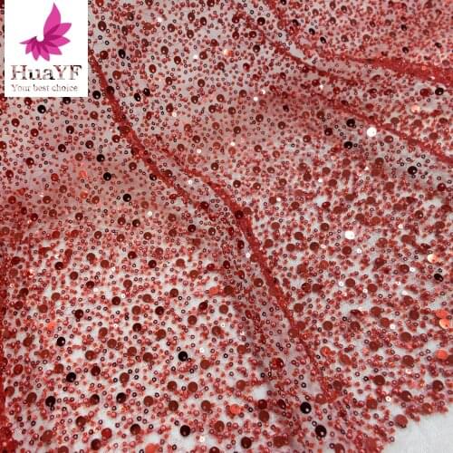 Fashion Red Heavy Beaded Tulle Lace With Sequins And Pearls French Net Fabrics For Collection HY1334