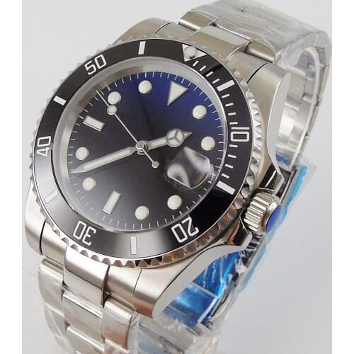 40mm Sterile Black Blue Dial Luminous Ceramic Bezel Sapphire Glass NH35 Date Automatic Mens Watch