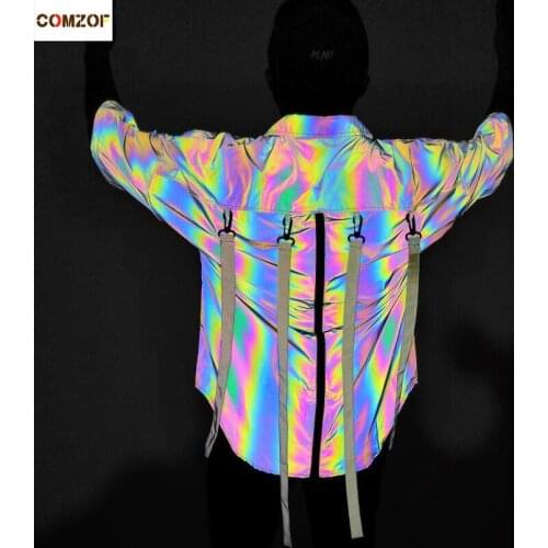 Newest men hip hop oversize shirt short sleeve colorful reflective personality korean clothes ribbon shirts back zipper tops