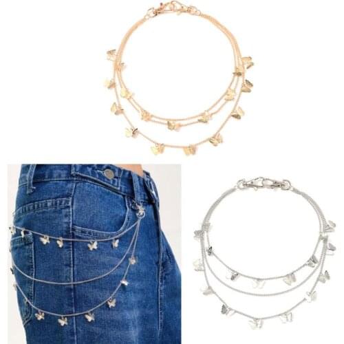 Punk Multi Layer Butterfly Belt Waist Chain Male Women Pants Chain Hook Trousers Chain Keychain Fashion Jewelry