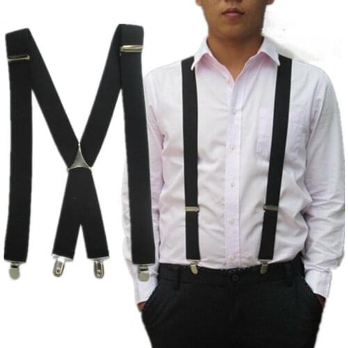 Mens Suspenders Elastic 2.5cm X Back Metal Cross Black Plating Buckle Solid Fashioin British Style 4 Clips Strap Leather