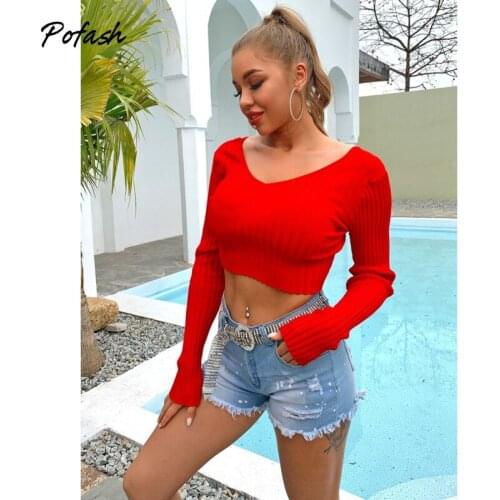 Pofash Knitted Long Sleeves Autumn T Shirts For Women Clothing Sweaters Sheath Crop Tops 2021 Female Streetwear Casual Outfits