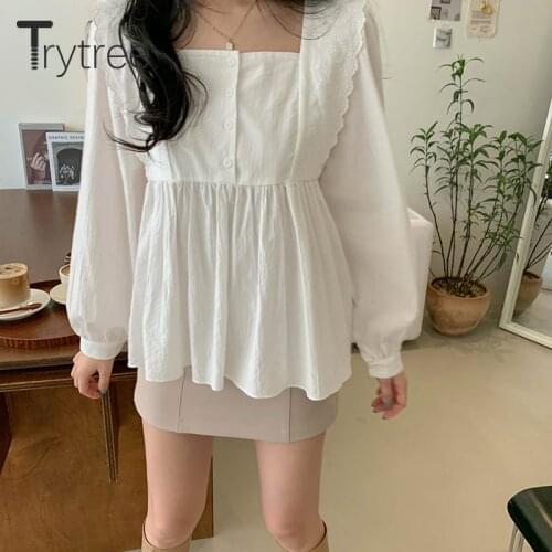Trytree Spring Autumn Blouse Women Casual Lace Ruffled Square Collar Puff Sleeve Solid White Shirts Office Lady Tops For Women