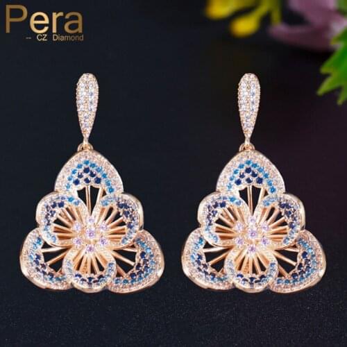 Pera Gorgeous Big Hollow Flower Dangle Blue Cubic Zirconia Luxury Indian Gold Color Drop Earrings for Women Party Jewelry E626