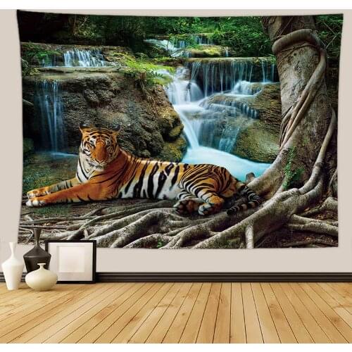 Beautiful Scene Arch Bridge Printed Wall Tapestry Art Waterfall Tropical Forest Tiger Animals Hippie Tapestry Mandala Wall Decor