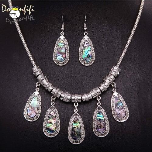 Vintage Antique Tibetan Silver Waterdrop Leopard Shell Necklace Earring Set For Women Restore Ancient Ways Jewelry Ornaments