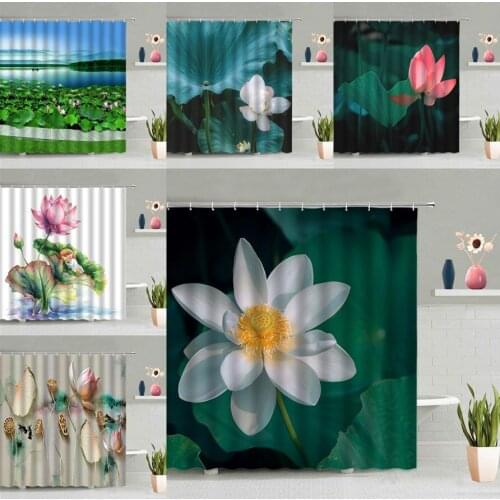 Lotus Flower Shower Curtain Green Plant Lotus leaf Printed Curtains Natural Floral Bathroom Decor Waterproof Bath Screen Fabric
