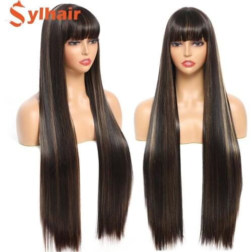 Sylhair Straigh Wigs with Bangs 32 Inch Long Straight Wigs with Fringe for Women Daily Party Fancy Dress Cosplay Ladies Use Wigs