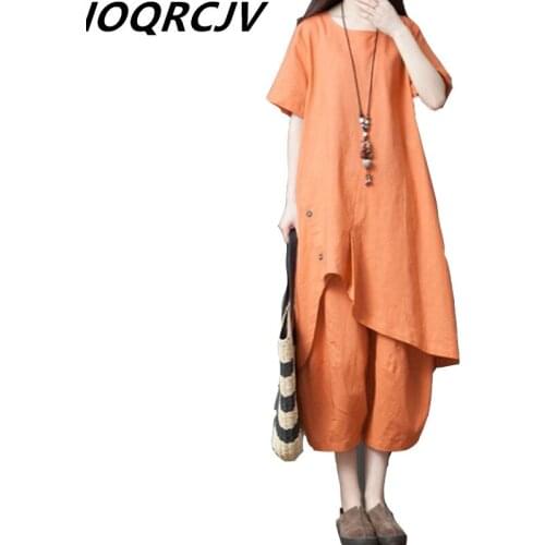 Fashion cotton linen Women Sets Summer Plus Size Loose irregular Short sleeve T-shirt Top + wide Leg Pants Casual Two-Piece Sets