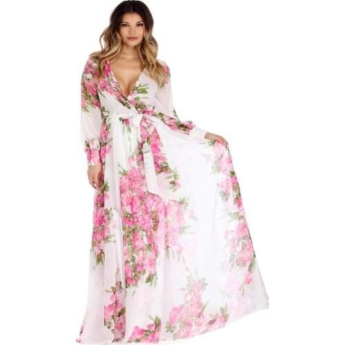 Three-color six yards long-sleeve V-neck printed dress Summer dress Elegant lady dress Plus Size Dress casual women sundress