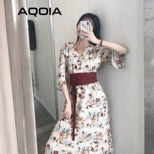 2021 Autumn Japan Style Women Chiffon Women Sashes Long Dress V-neck Flare Sleeve Floral Print Ladies Elegant Kimono Dresses