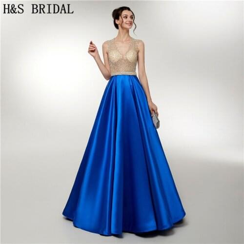 H&S Bridal Royal blue A line Evening Dress V neck Long Formal Dresses 2020 Sequin Beading Sheer gown robe de soiree