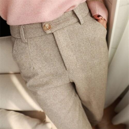 Winter Womens Loose Trousers Pencil Pants 2020 Fashion Office Ladies High Waist Woolen Harem Pants Autumn Casual Suit Pants