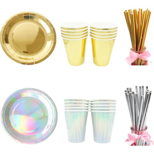 10Pcs/Set Gold Paper Disposable Tableware Christmas Birthday Party Paper Plates Cups Carnival Party Supplies Plastic Straws