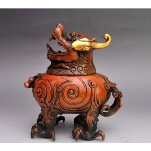 15 cm * / China Bronze Gilt Handwork Carved Pixiu Incense Burner & Lid