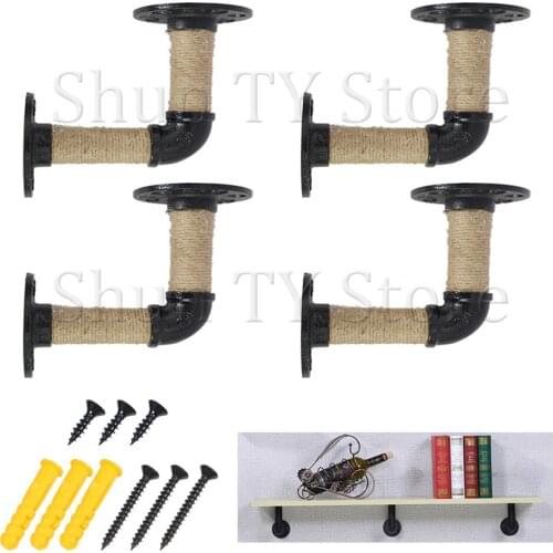 2/4Pcs 90 degree Double Flange 2cm Industrial hemp rope Iron Pipe Shelf Brackets Rustic Pipe Brackets Wall Mounted Vintage