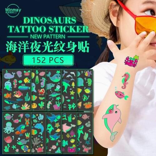 Kids Luminous Stickers Waterproof Cartoon Ocean Whale Dolphin Temporary Tattoos Face Arm Leg Body Art Fake Tattoo Reward Sticker