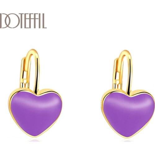 DOTEFFIL 925 Sterling Silver 18K Gold Red/Purple Heart Earrings For Women Jewelry Fashion Romantic Jewelry Wedding Party Gift