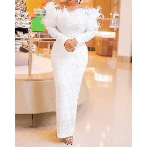 Elegant White Feather Beaded Off-shoulder Full For Women Bridesmaid Dress