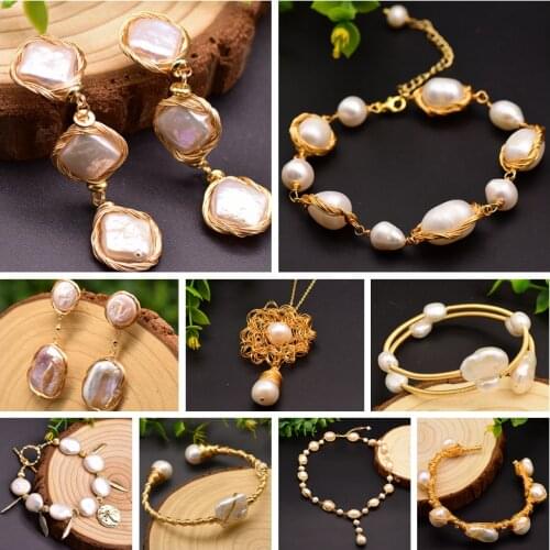 GLSEEVO Natural Freshwater Baroque Pearl Earrings Bracelet Necklace For Women Fine Jewelry Wholesale Handmade 2020 Trend GS0024