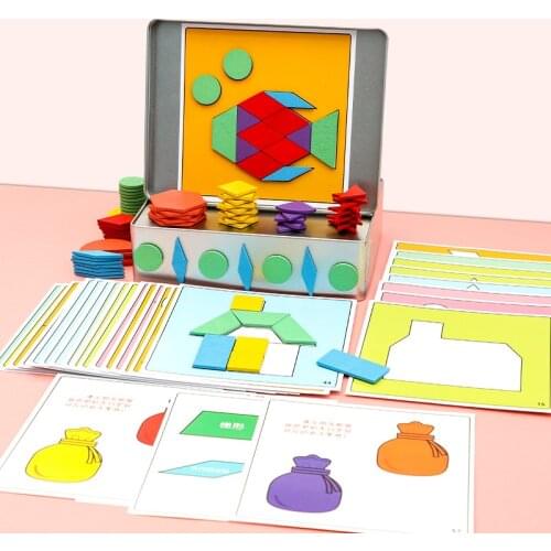 Tangram Puzzle Kids Toy Iron Boxed Wooden 150pcs Magnetic Tangram Graphic Card Matching Multi-Function Play Educational Toy Set