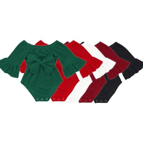 Kaiya Angel Baby Girls Velvet Fall Romper Solid Color Big Bow Jumpsuit Bell Sleeve Infant Ruffle Clothes Girls Winter Romper