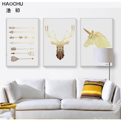 HAOCHU Gold Gradient Color Canvas Painting For Living Room Nordic Decoration Unicorn Deer Arrow Wall Art Printed Picture