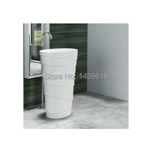 Round Bathroom Stone Resin Pedestal Washbasin Cloakroom Solid Surface Stone Freestanding Vanity Sink W9006