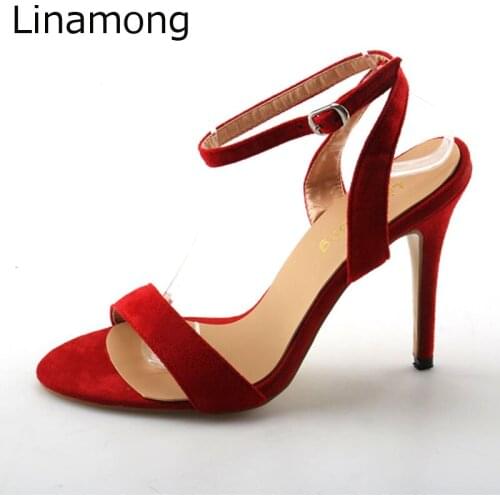 Summer Ladies Simple Bright Red Faux Suede Strappy Sandals Stiletto High Heels Sexy Ankle Strap Women Street Outfit Sandalias
