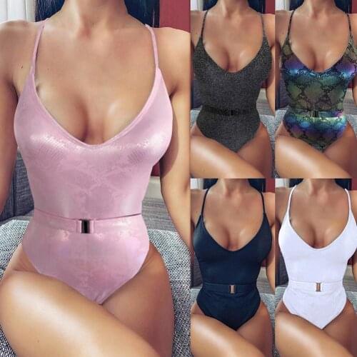 70% Hot Sell Women Sexy Summer Solid Color Padded Belt V Neck Back Bandage Monokini Swimsuit